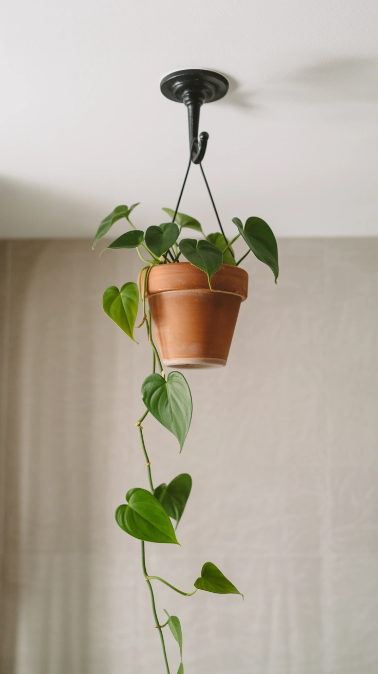 A heartleaf philodendron hanging from a black ceiling hook with long green vines cascading down an empty wall.