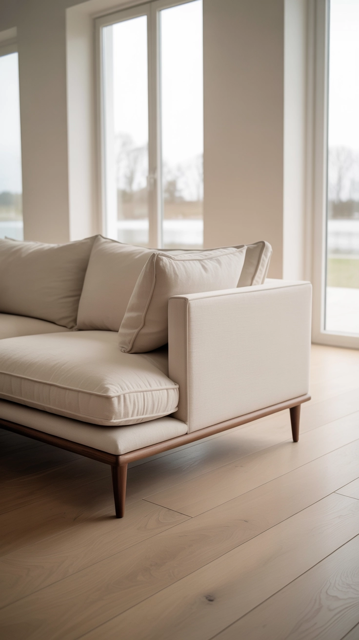 A modern low-profile linen sofa with slim wooden legs in a compact living room.