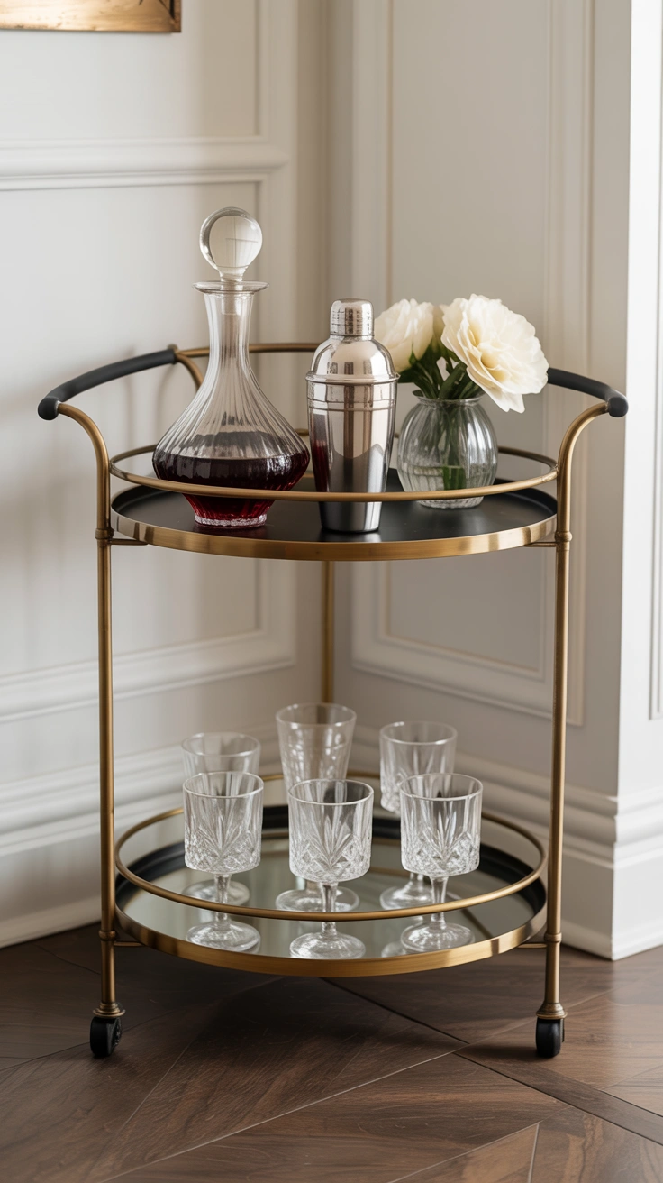 21 Amazing Cozy Corner Decorating Ideas for Small Homes 8 A round brass bar cart in a corner styled with a glass decanter, a cocktail shaker, white flowers, and glassware.