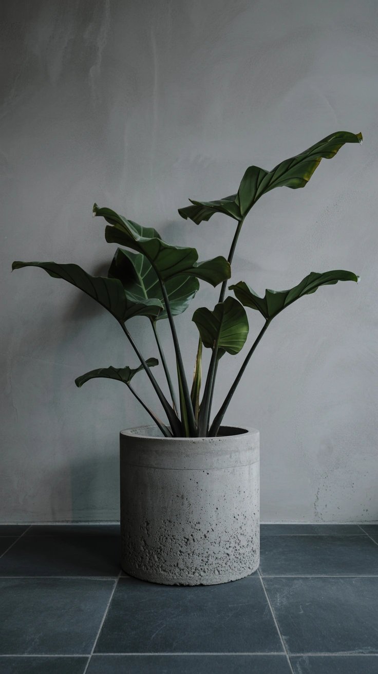 A dark green cast iron plant potted in a rough, gray concrete container sitting on a dark gray slate tile floor in a modern bathroom.