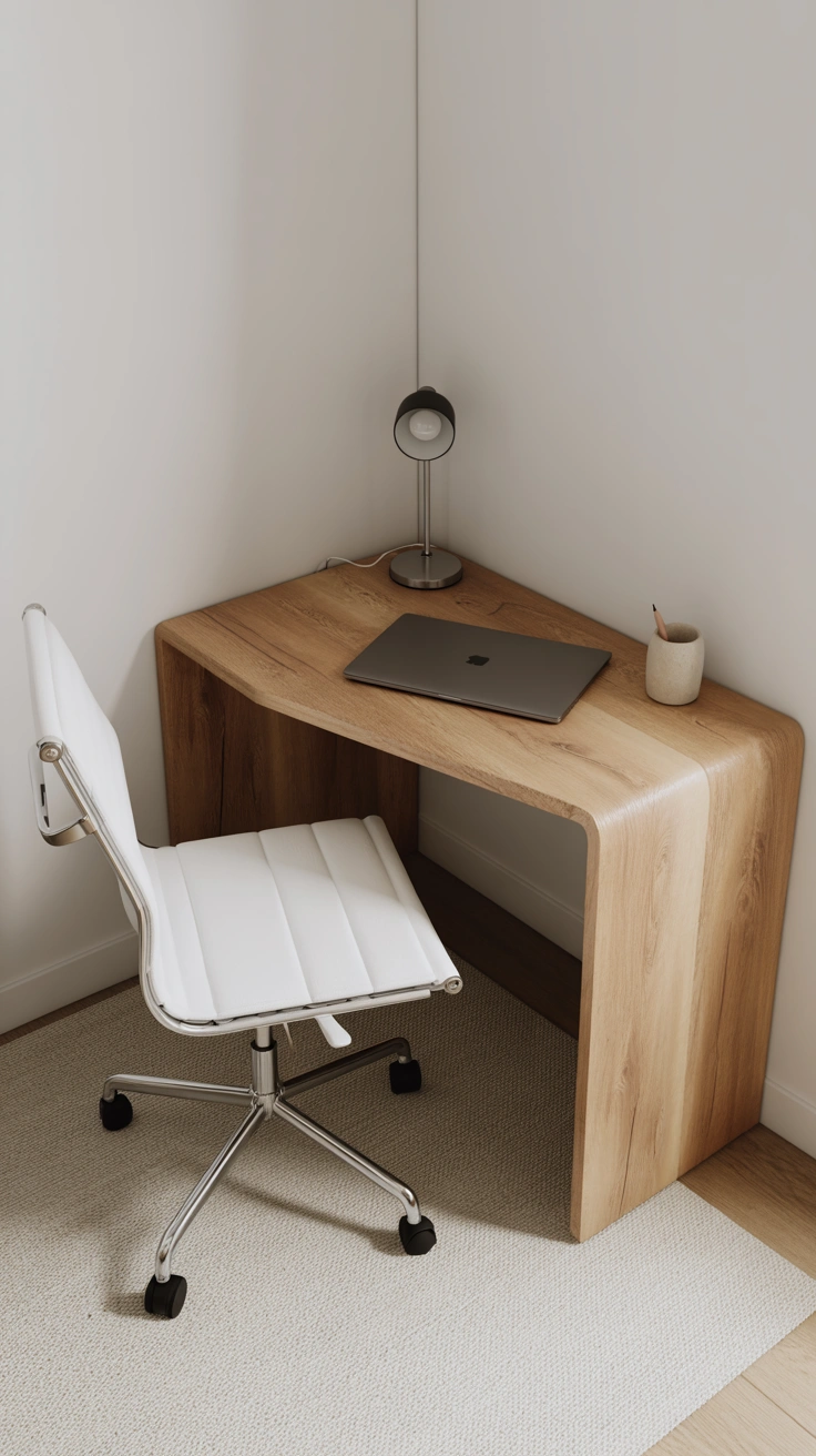 21 Amazing Cozy Corner Decorating Ideas for Small Homes 5 A small triangular wooden desk fitted into a white corner with a white office chair, a closed laptop, and a small lamp.