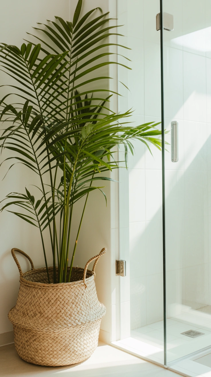 A large, feathery majesty palm plant sitting in a woven seagrass basket in a bright bathroom corner next to a glass walk-in shower.