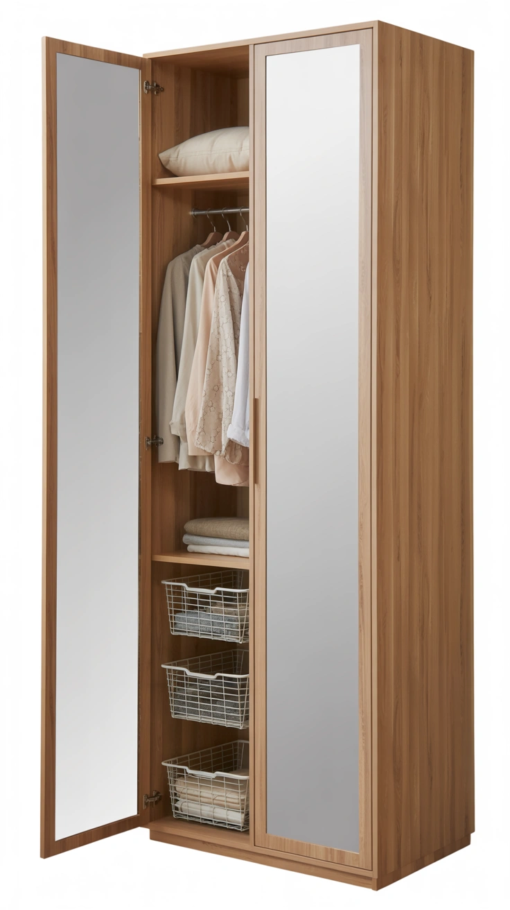 21 Amazing Cozy Corner Decorating Ideas for Small Homes 18 A tall ash wood corner wardrobe with mirrored doors, with one door open showing organized hanging clothes and baskets.