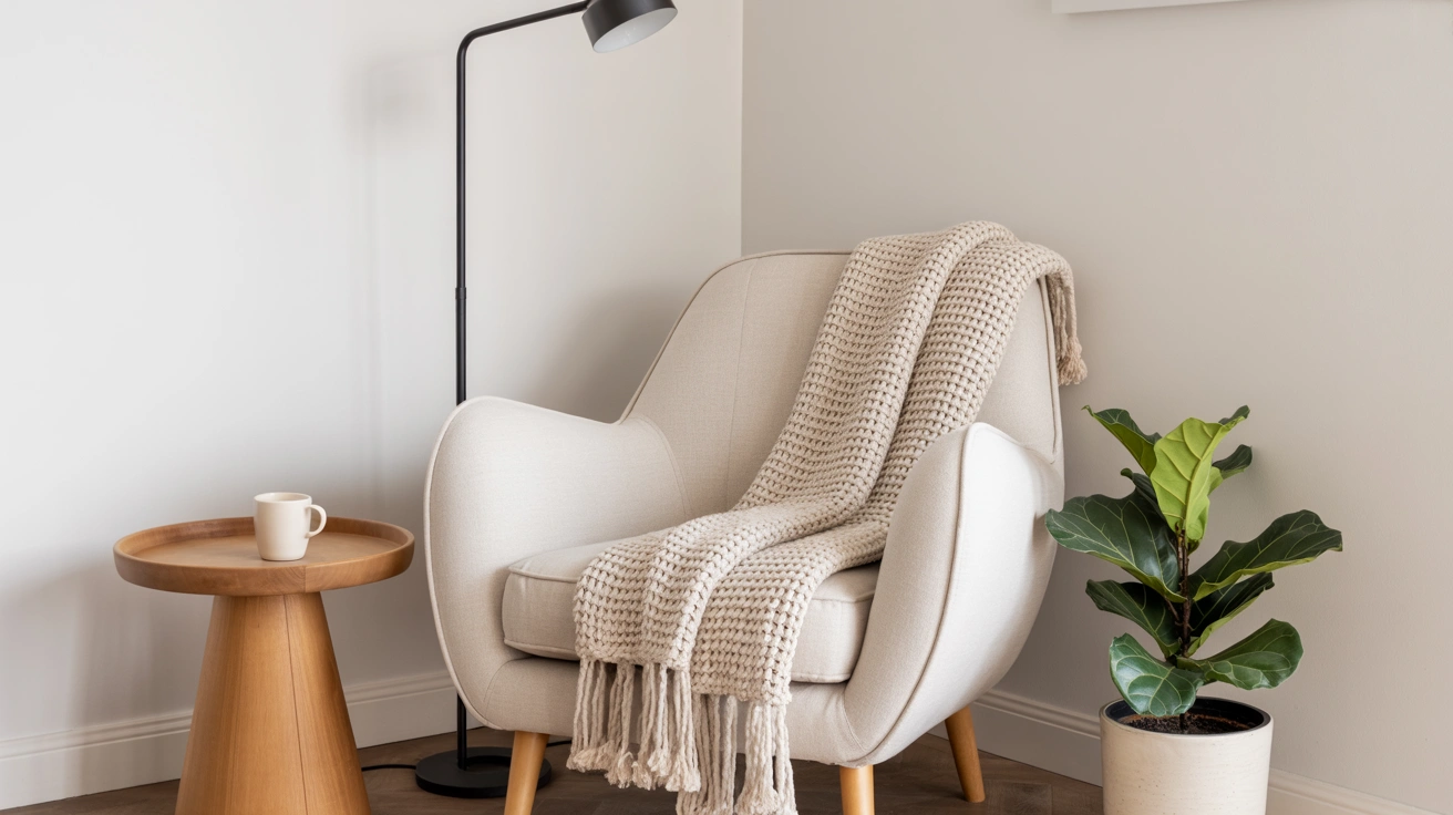 21 Amazing Cozy Corner Decorating Ideas for Small Homes 1 A bright and cozy living room corner featuring a cream armchair with a knit blanket, a black floor lamp, a wooden side table, and a green potted plant against white walls.