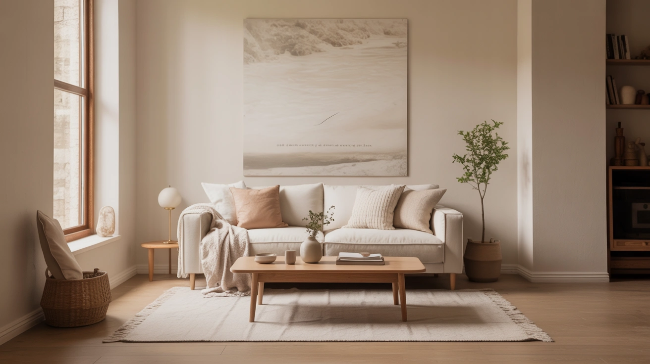 A bright cozy minimalist small living room Ideas with warm cream walls, a low-profile beige sofa, a round oak coffee table, a plush neutral rug, and sheer linen curtains reflecting natural daylight.