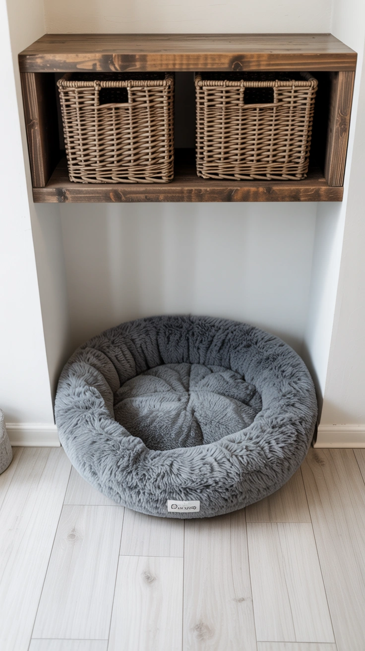 21 Amazing Cozy Corner Decorating Ideas for Small Homes 16 A plush round gray dog bed on the floor in a corner beneath a rustic wooden shelf holding two small woven baskets.