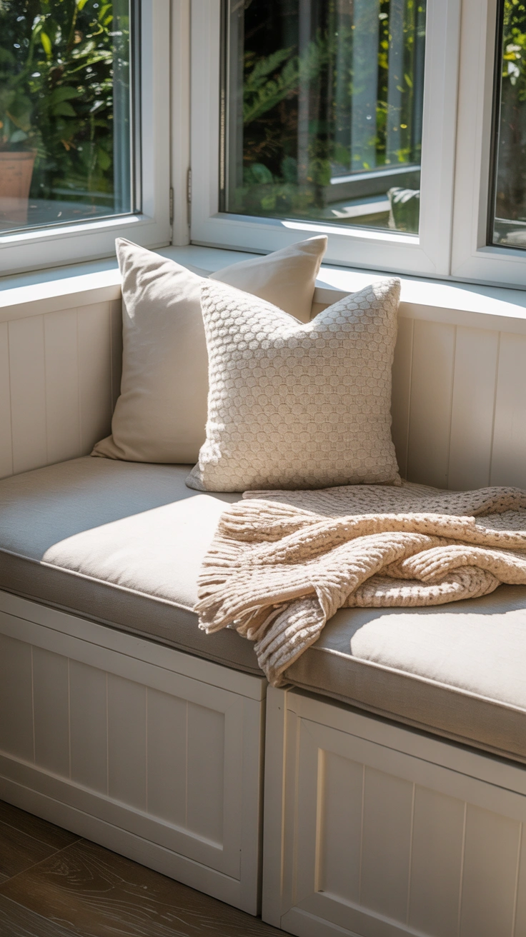21 Amazing Cozy Corner Decorating Ideas for Small Homes 6 A white built-in storage bench under a corner window with a gray cushion, cream pillows, and a knit blanket in bright sunlight.
