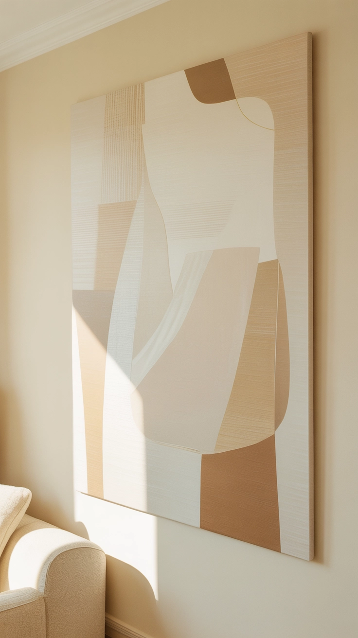 A massive canvas painting with simple abstract beige and white shapes on a cream wall.