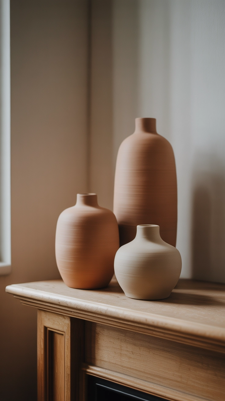 A collection of three empty matte unglazed ceramic vases of varying heights on a mantlepiece.