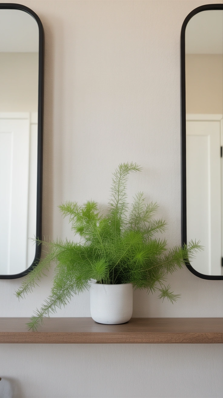 A long wooden shelf mounted between two rectangular black mirrors on a bathroom wall, holding a soft, feathery green asparagus fern.