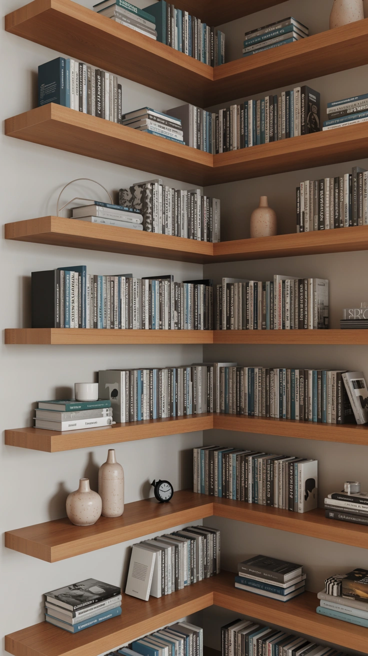 21 Amazing Cozy Corner Decorating Ideas for Small Homes 4 Thick oak floating shelves installed in a wall corner filled with organized books and small decorative ceramic items.