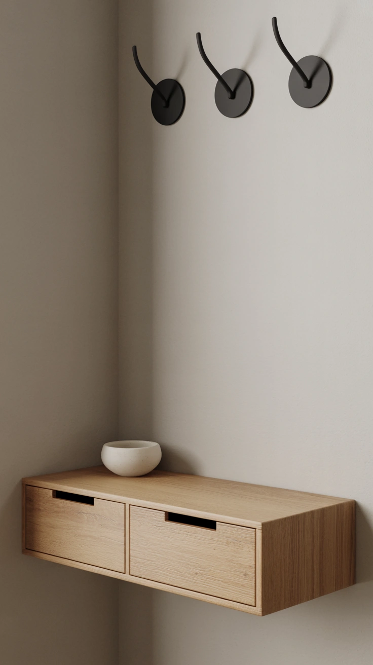 21 Amazing Cozy Corner Decorating Ideas for Small Homes 14 A small floating oak drawer shelf mounted in a corner under three black coat hooks with a ceramic key bowl on top.
