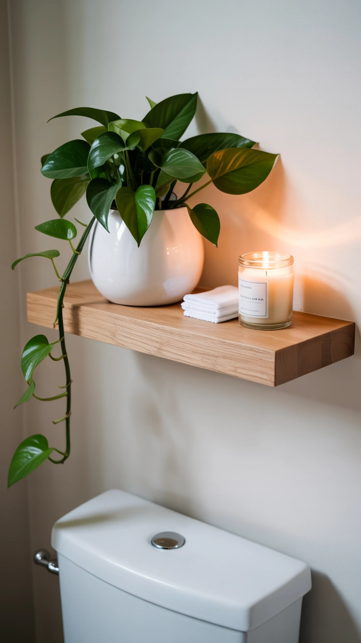 A light oak floating shelf mounted over a white toilet tank, holding a vibrant green trailing pothos plant in a white ceramic pot and a small scented candle.