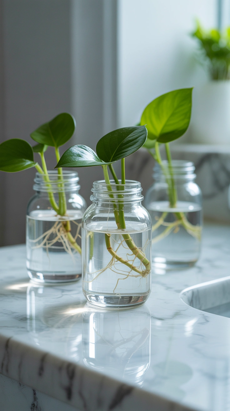 Small clear glass jars filled with water holding pothos plant cuttings with visible white roots on a marble counter.