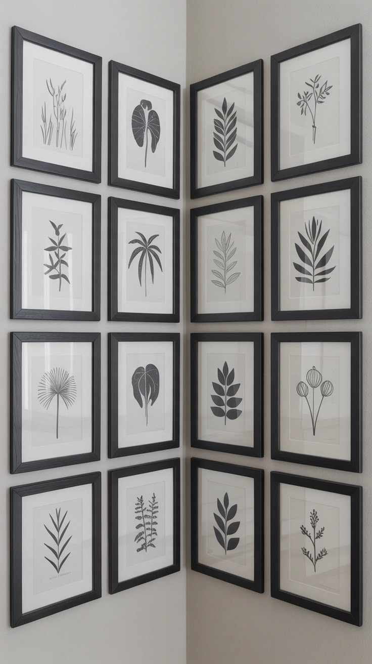 21 Amazing Cozy Corner Decorating Ideas for Small Homes 10 A collection of various sized black-framed botanical art prints arranged in a gallery wall layout across a corner seam.