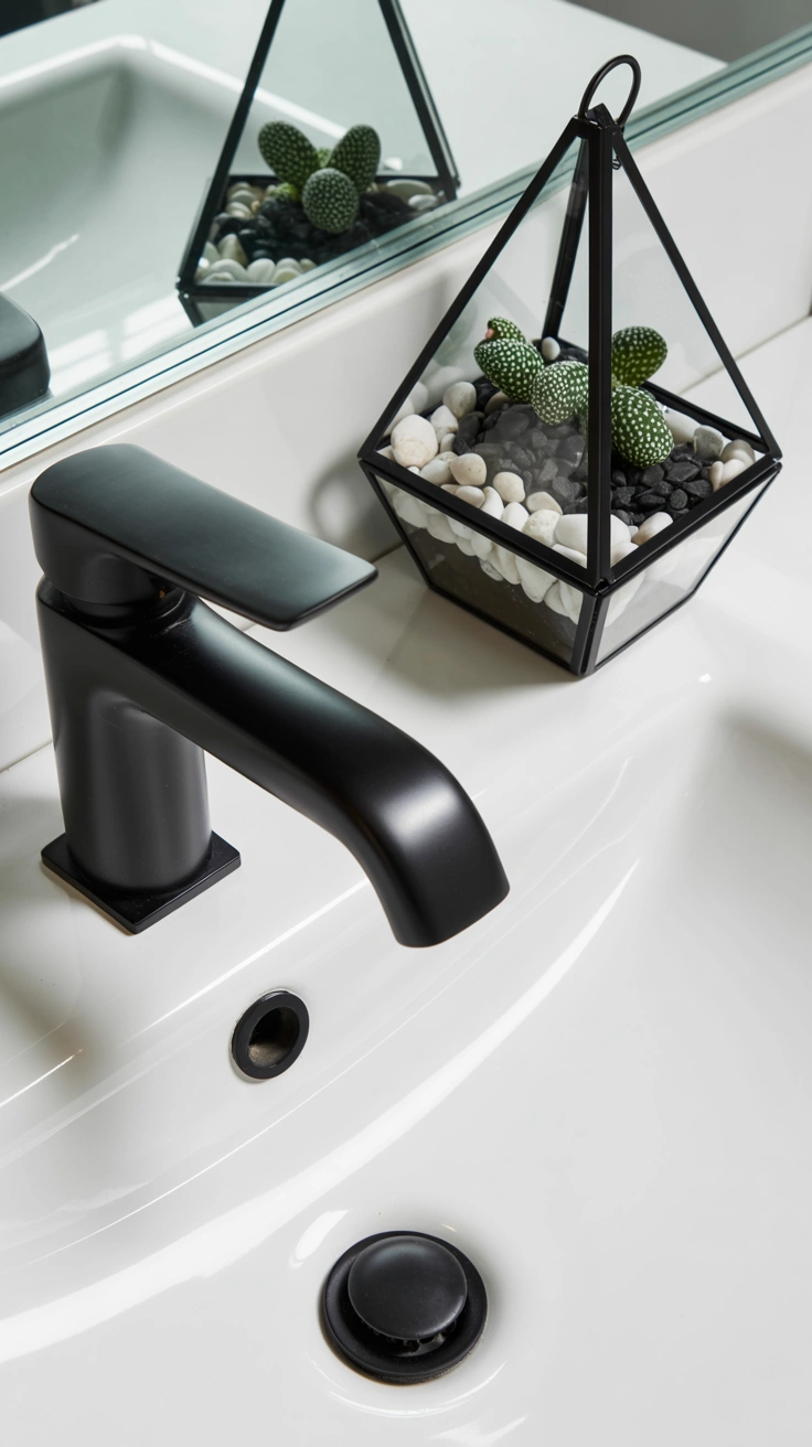 A modern black faucet and white sink counter featuring a small geometric glass terrarium filled with pebbles and miniature green plants.