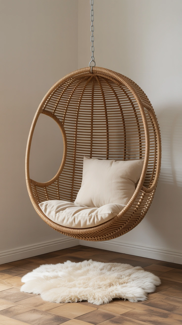 21 Amazing Cozy Corner Decorating Ideas for Small Homes 17 A woven rattan egg chair hanging from the ceiling in a corner over a small white sheepskin rug with a cream cushion.