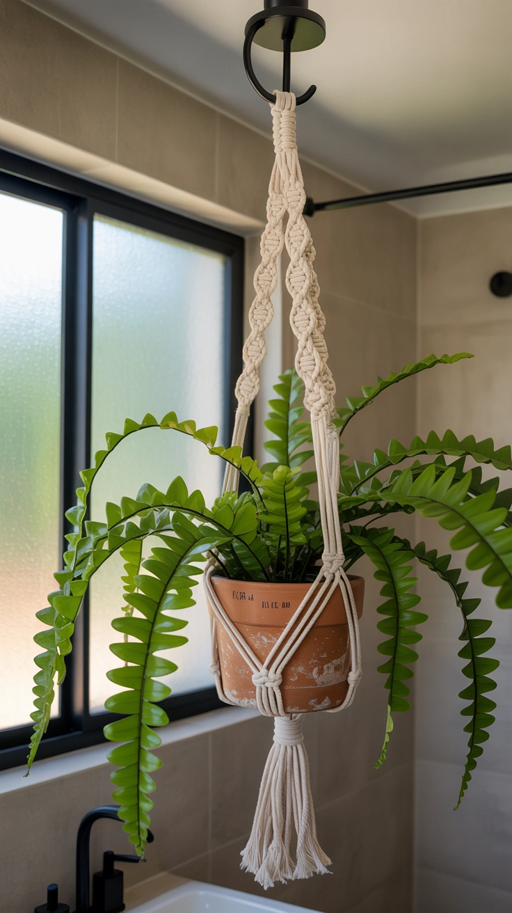 A cream-colored cotton macrame plant hanger suspended from the ceiling, holding a bright green birdnest fern with wavy leaves next to a window.