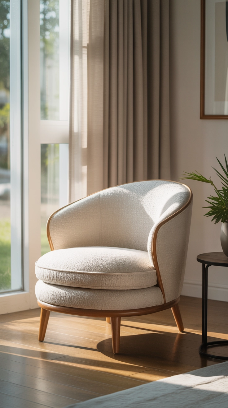 A curved rounded modern accent chair upholstered in soft cream fabric in a bright corner.
