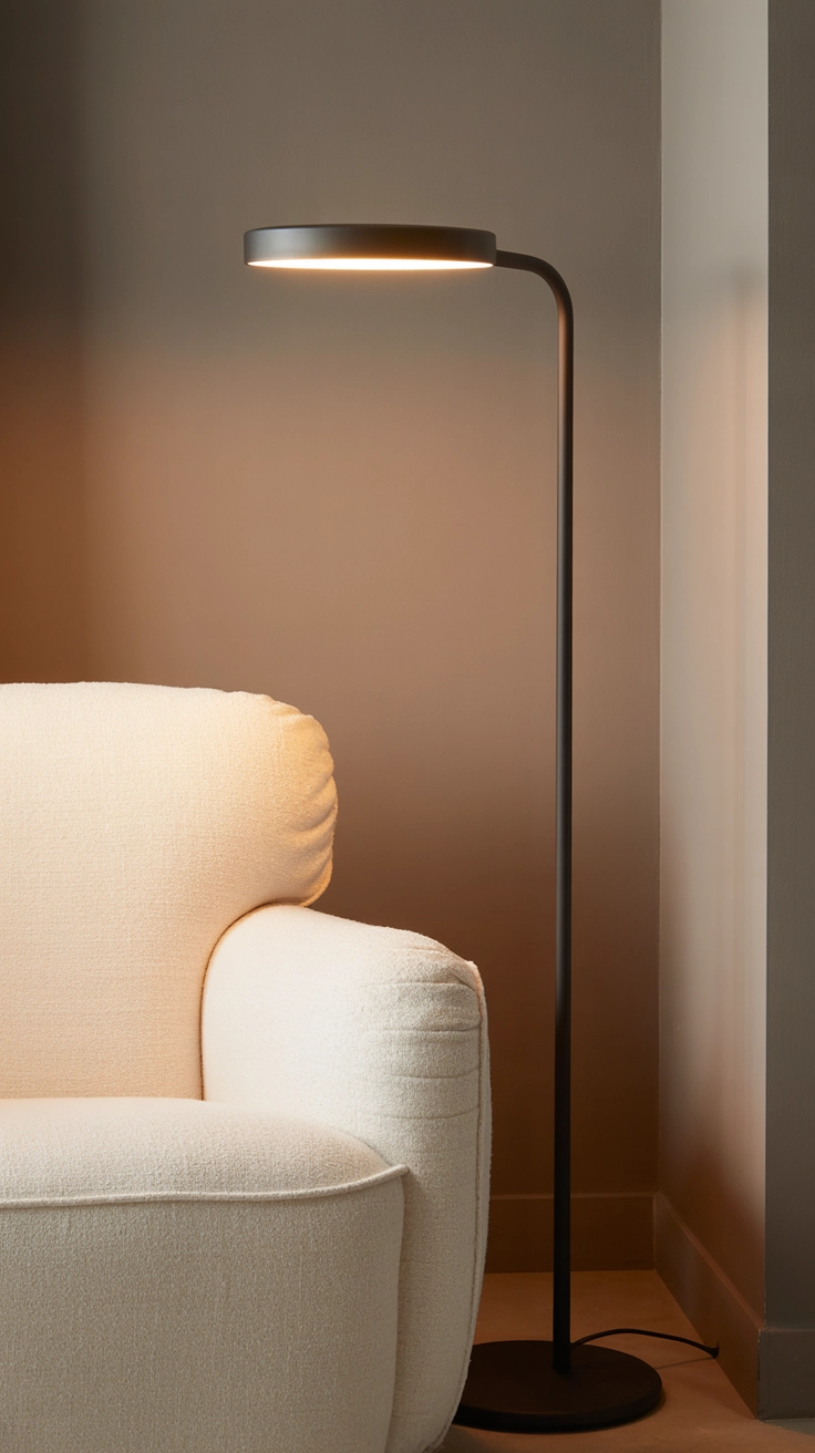 A sleek matte black metal floor lamp standing next to a cream-colored armchair.