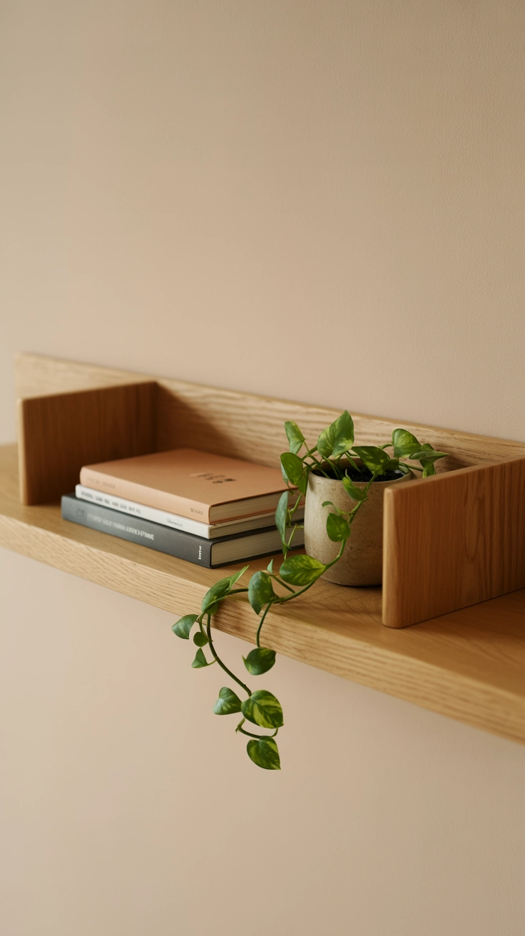 A single light wood floating shelf on a beige wall holding books and a tiny trailing plant.