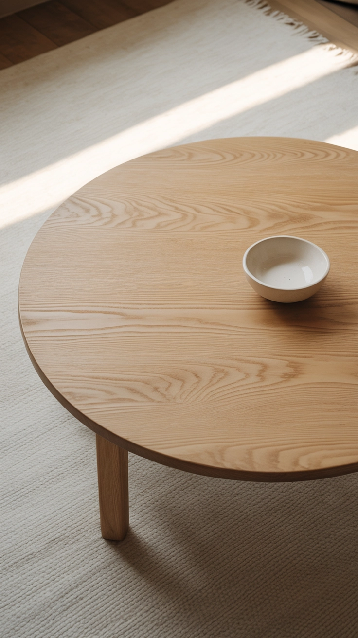 A simple round light oak coffee table resting on a soft neutral area rug.