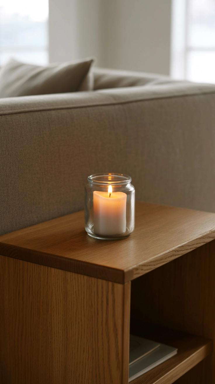 A small wooden side table next to a sofa with a single white scented candle on top.