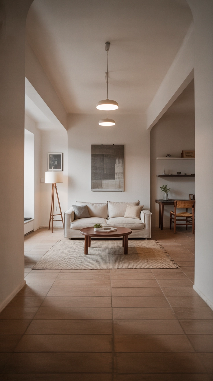An open view of a minimalist living room showing wide empty pathways between the furniture.