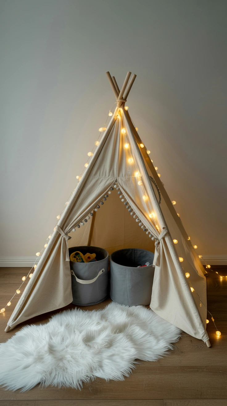 21 Amazing Cozy Corner Decorating Ideas for Small Homes 11 A kids play corner featuring a white canvas teepee tent with fairy lights, a faux fur rug, and grey fabric storage bins.