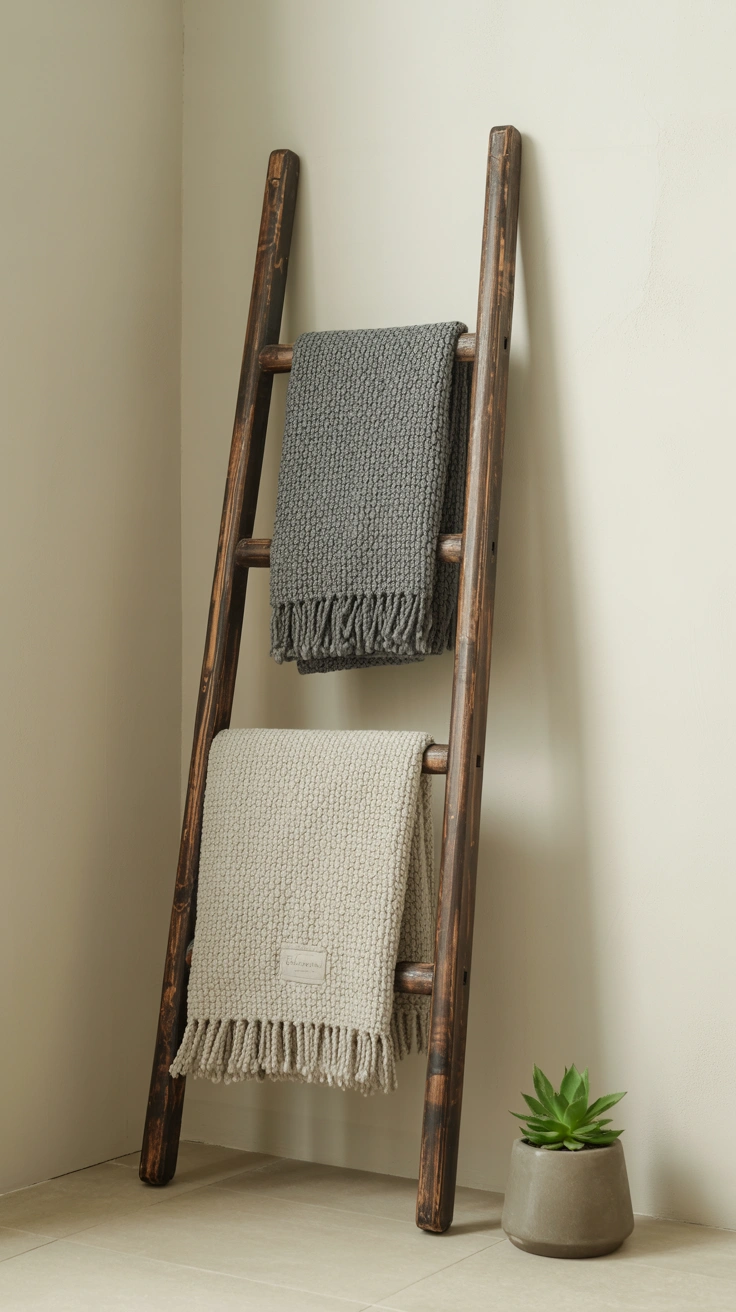 21 Amazing Cozy Corner Decorating Ideas for Small Homes 20 A dark wooden blanket ladder leaning against a cream wall with draped gray and beige blankets in a cozy corner.