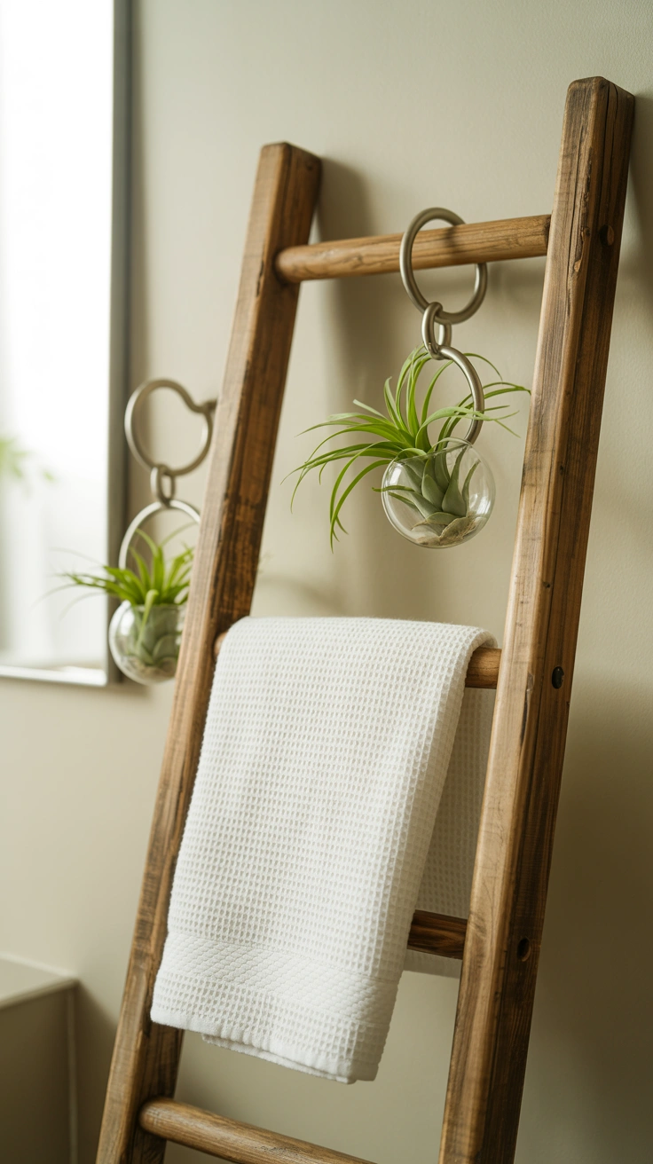 A rustic wooden ladder leaning against a wall holding folded white towels and small hanging air plants.