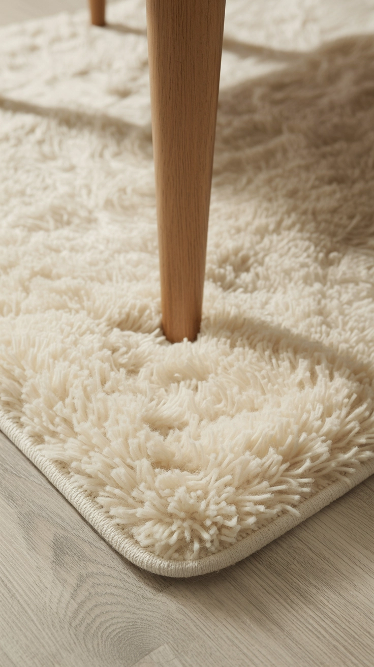 A detailed view of a high-pile plush cream wool area rug under a coffee table leg.