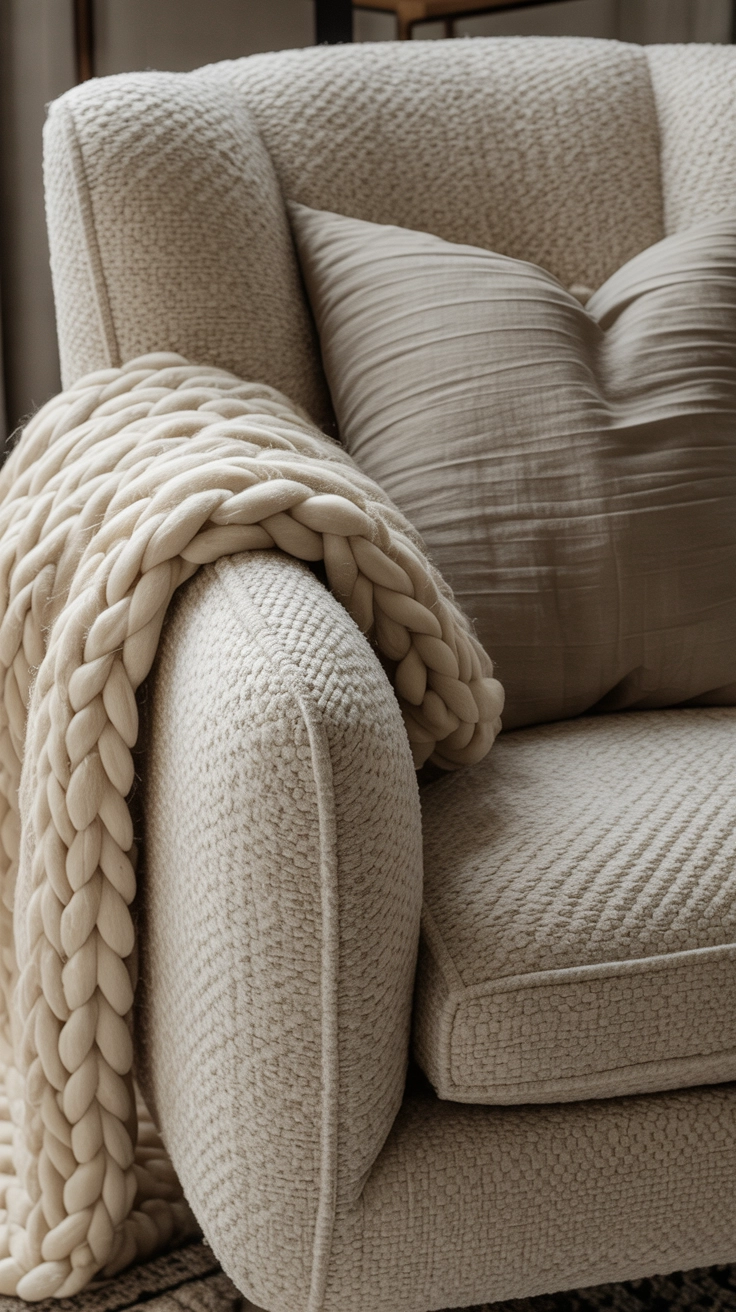 A cream boucle accent chair with a chunky knit wool throw blanket and a linen pillow.