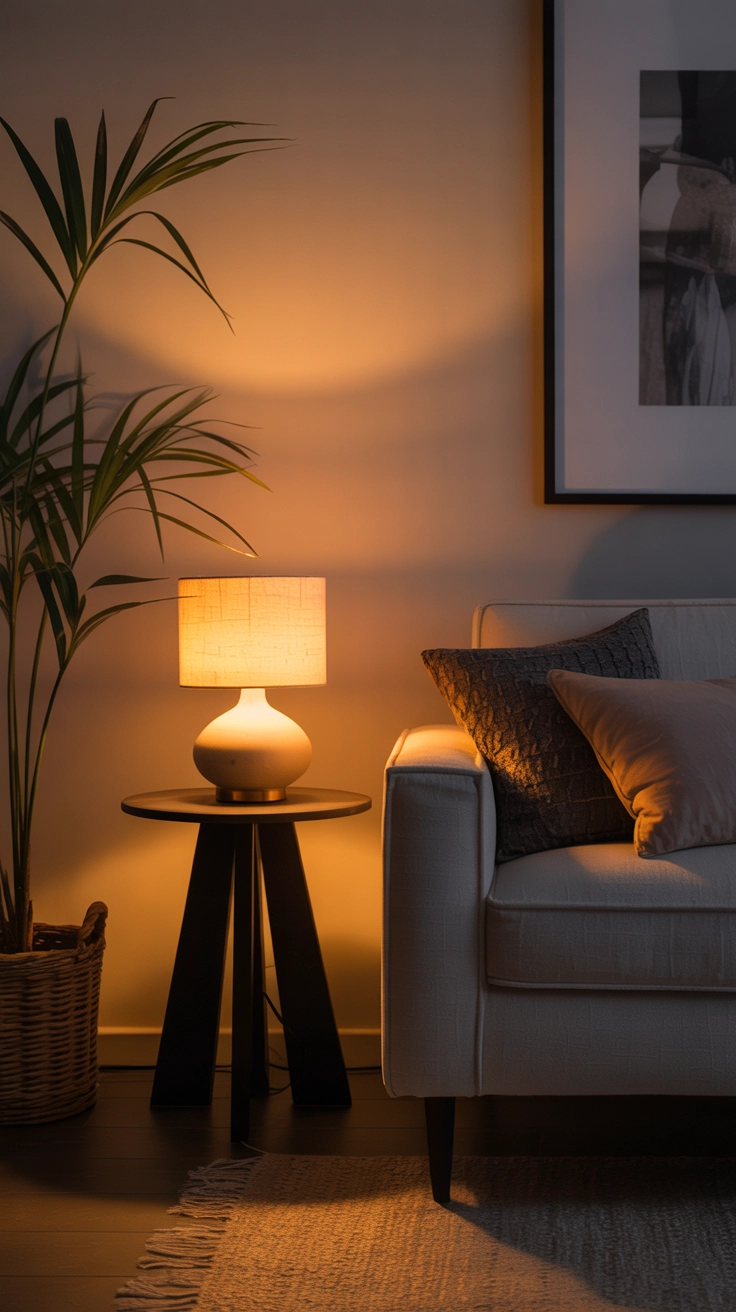 A cozy evening living room scene illuminated by the golden glow of a small ceramic table lamp.