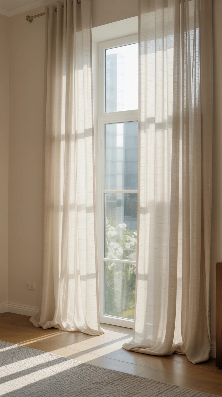 Tall floor-to-ceiling sheer white linen curtains hanging in front of a large window.