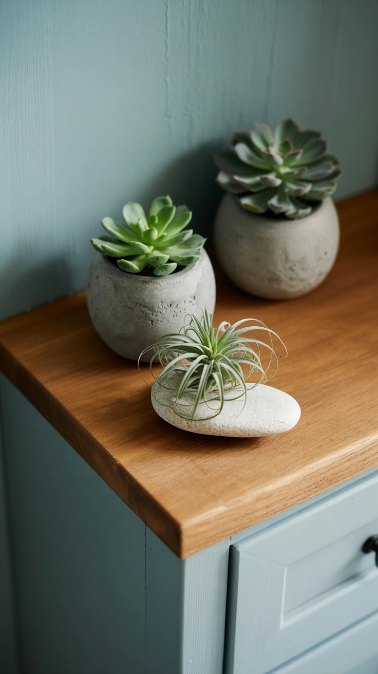 Small potted succulents and air plants arranged neatly on top of a rustic wooden medicine cabinet.