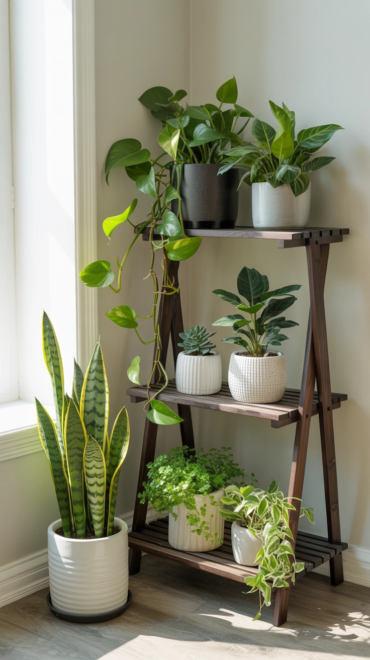 21 Amazing Cozy Corner Decorating Ideas for Small Homes 3 A sunny room corner filled with a three-tiered wooden plant stand holding green houseplants, a tall snake plant, and trailing vines.