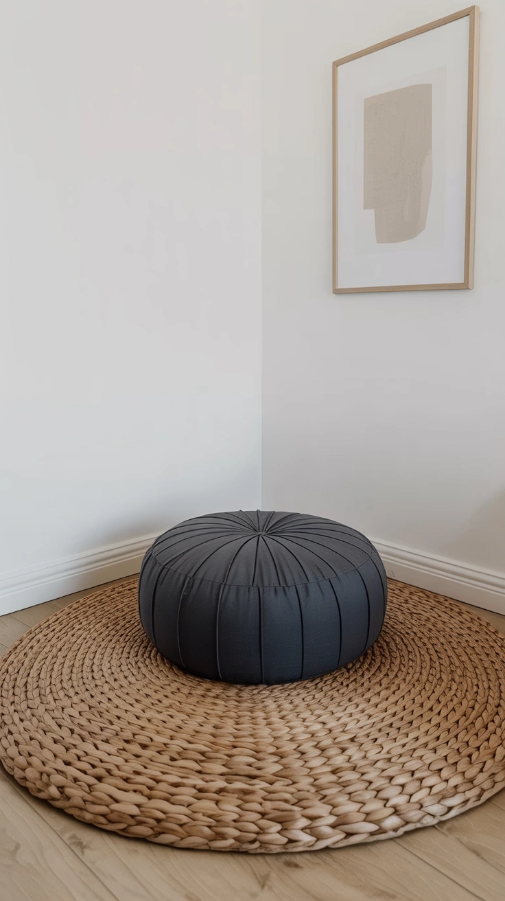 21 Amazing Cozy Corner Decorating Ideas for Small Homes 7 A round jute rug on hardwood floors with a gray meditation cushion in a peaceful corner under framed abstract art.