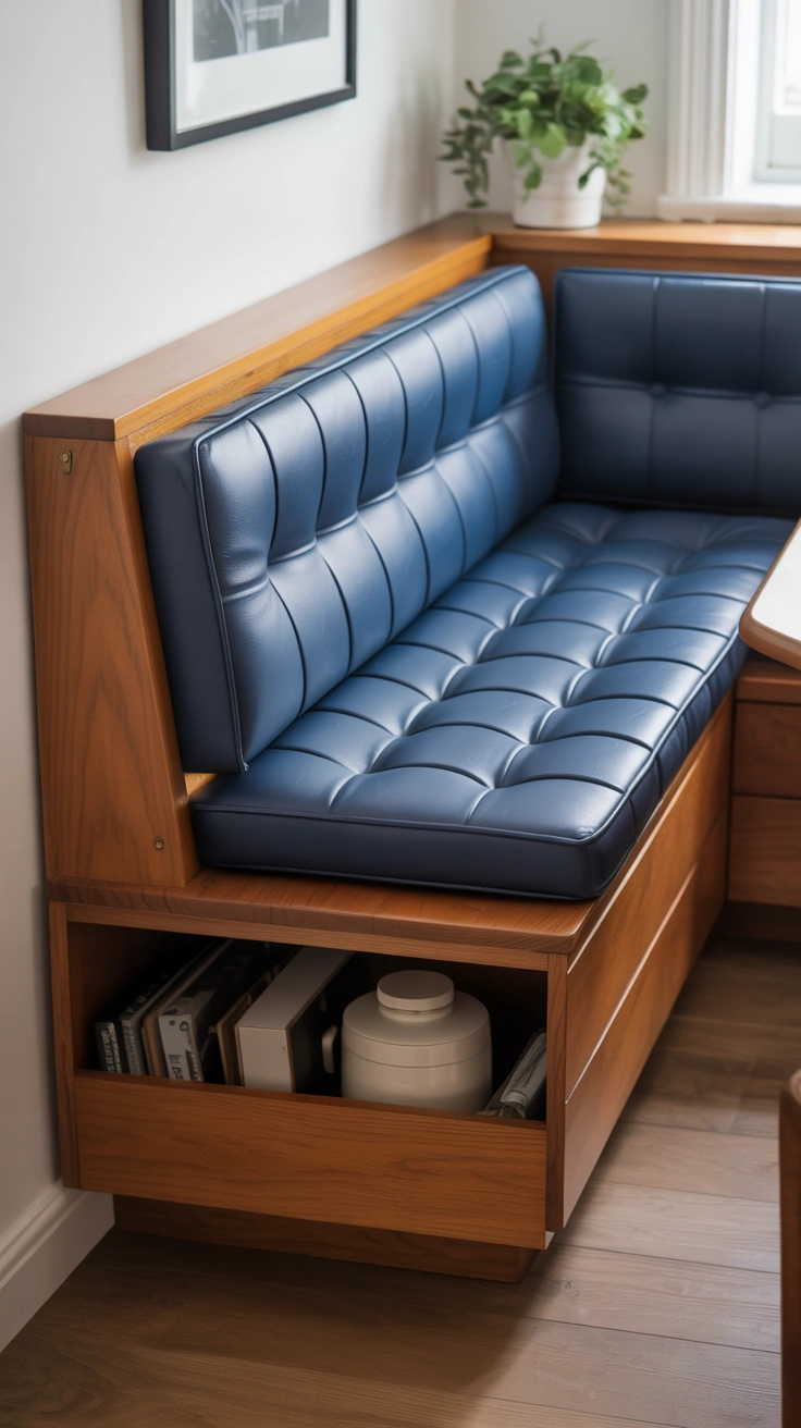 21 Amazing Cozy Corner Decorating Ideas for Small Homes 12 An L-shaped wooden storage bench with a navy blue cushion fitted into a corner, showing a slightly open storage compartment.
