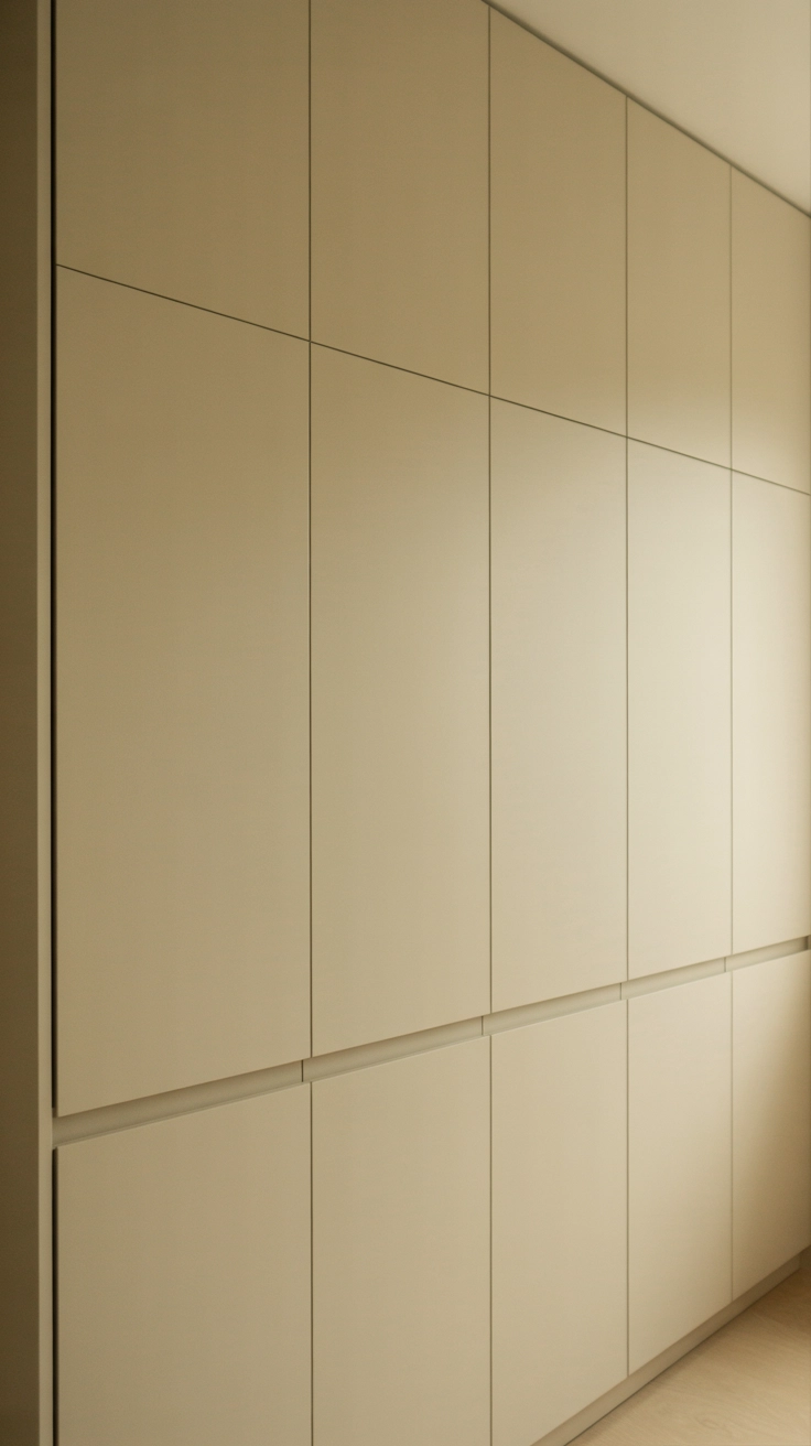 A wall of seamless modern cream-colored built-in cabinets with flat panels and no handles.