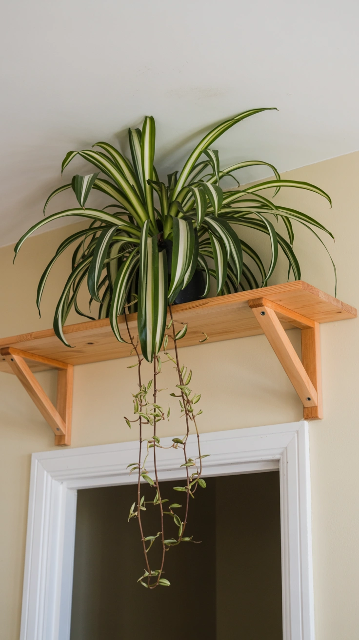 A wooden shelf mounted high above a bathroom doorway holding a mature spider plant with long dangling leaves.