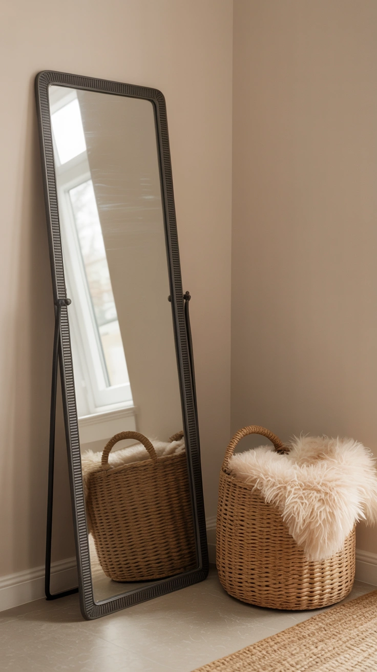 21 Amazing Cozy Corner Decorating Ideas for Small Homes 9 A tall black-framed mirror leaning against a beige wall reflecting light, next to a woven basket filled with a white blanket.