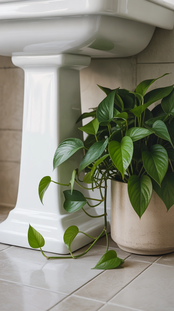 A full, bushy pothos plant in a ceramic pot sitting on the floor with its vines wrapping around a classic white pedestal sink base.