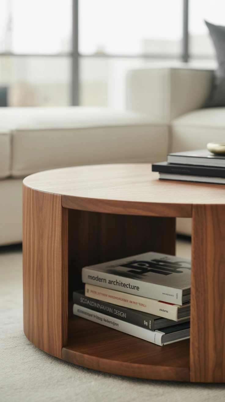 A minimalist round wooden coffee table with a hidden lower storage shelf.