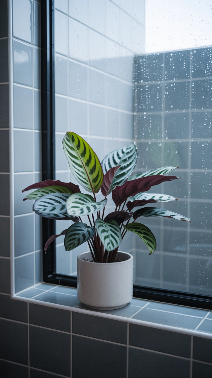 A striped green and purple calathea plant sitting on a tiled window sill inside a shower with frosted glass.