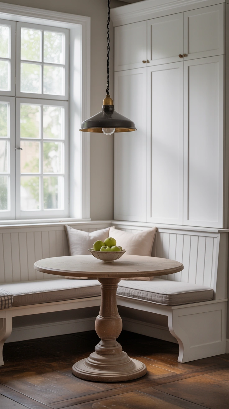 21 Amazing Cozy Corner Decorating Ideas for Small Homes 13 A round wooden pedestal table paired with a white corner banquette bench under a low-hanging black pendant light.