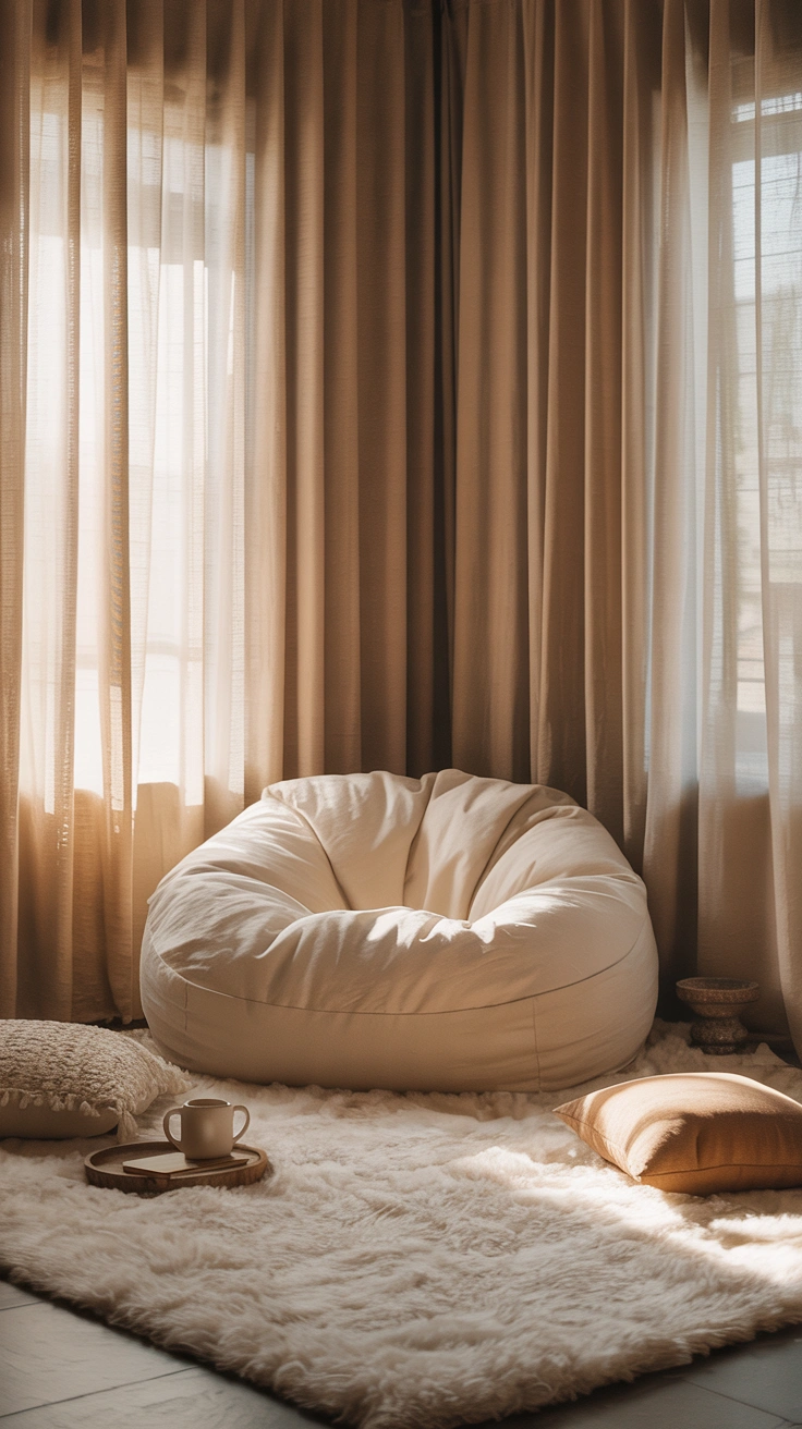 21 Amazing Cozy Corner Decorating Ideas for Small Homes 22 A cozy corner with floor-to-ceiling beige linen curtains, a thick white high-pile rug, and a plush cream bean bag chair.