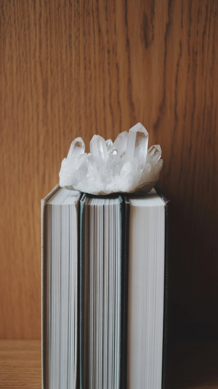 A horizontal stack of three large design books on a wooden table topped with a white quartz crystal.