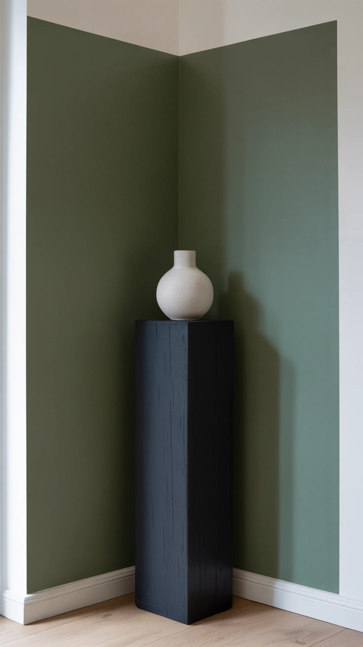 21 Amazing Cozy Corner Decorating Ideas for Small Homes 15 A corner with two walls painted deep sage green, featuring a tall black pedestal holding a single white ceramic vase.