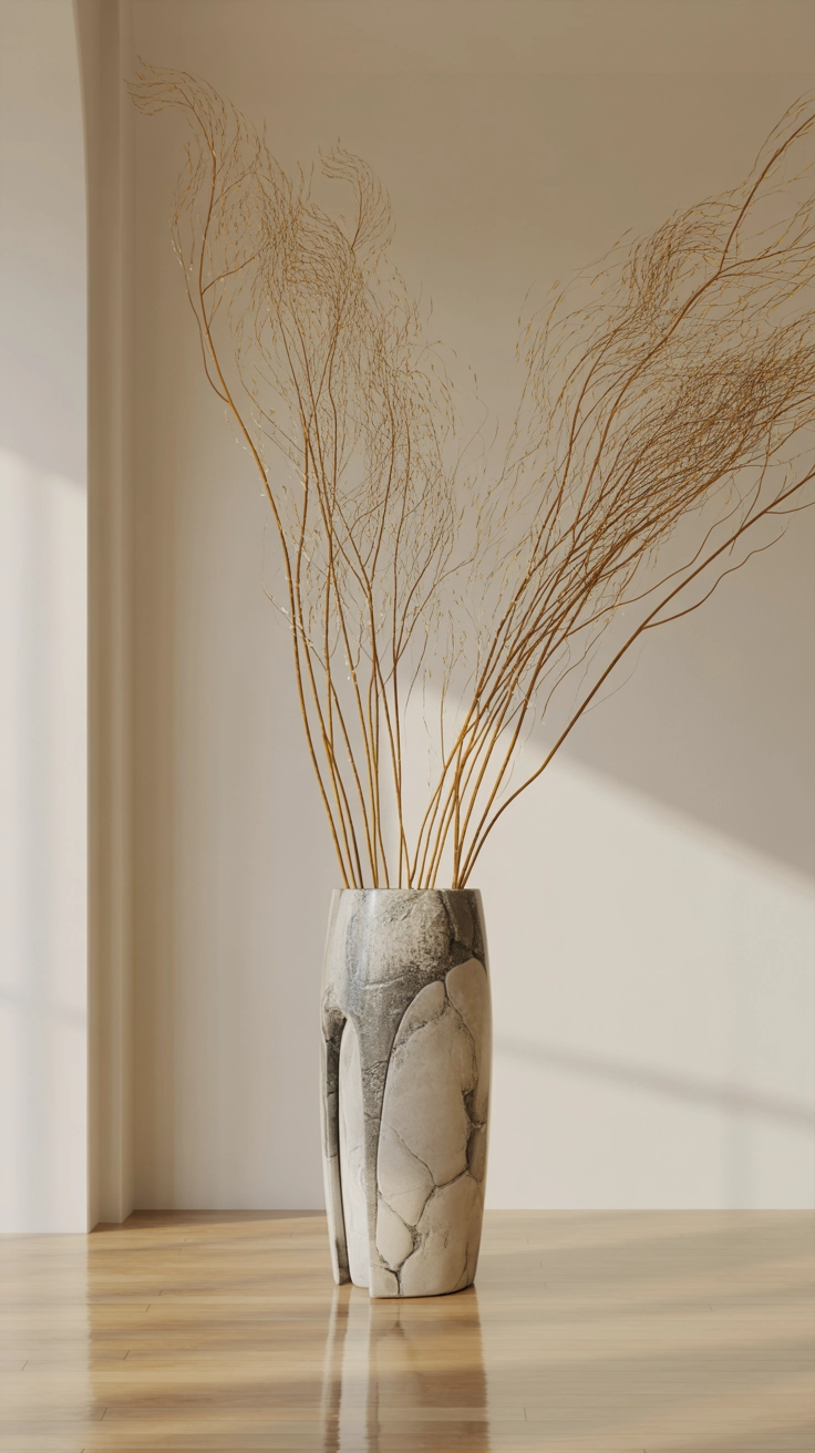 A tall heavy stone floor vase holding long sculptural dried willow branches against a neutral wall.